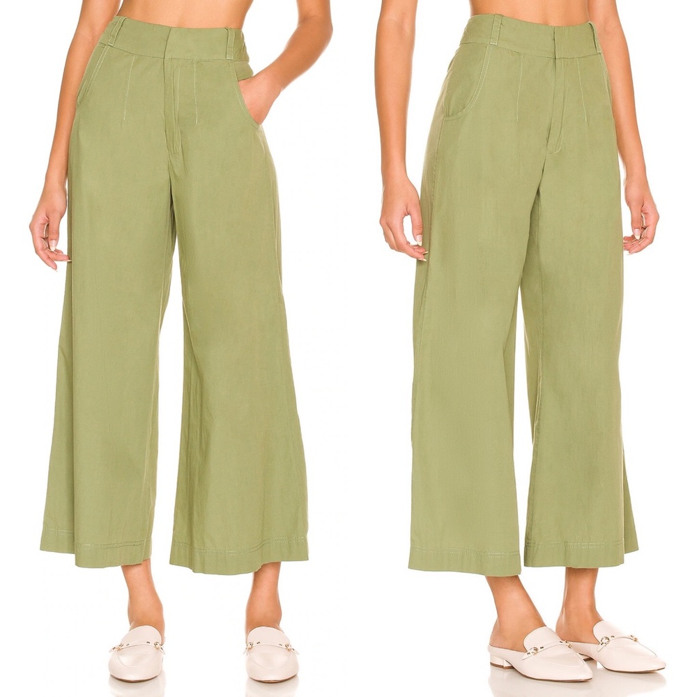 Free People Menorca Cropped Solid Pant green 100% cotton, slant pockets, size 2.